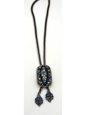 Selro Confetti Opal Lucite Lariat Necklace Blue Accents with Owls, Cat, Bear